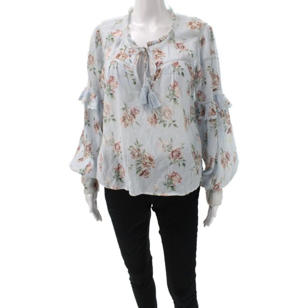 Love Shack Fancy Women Light Blue Floral Mock Neck Long Sleeve Blouse Size S
